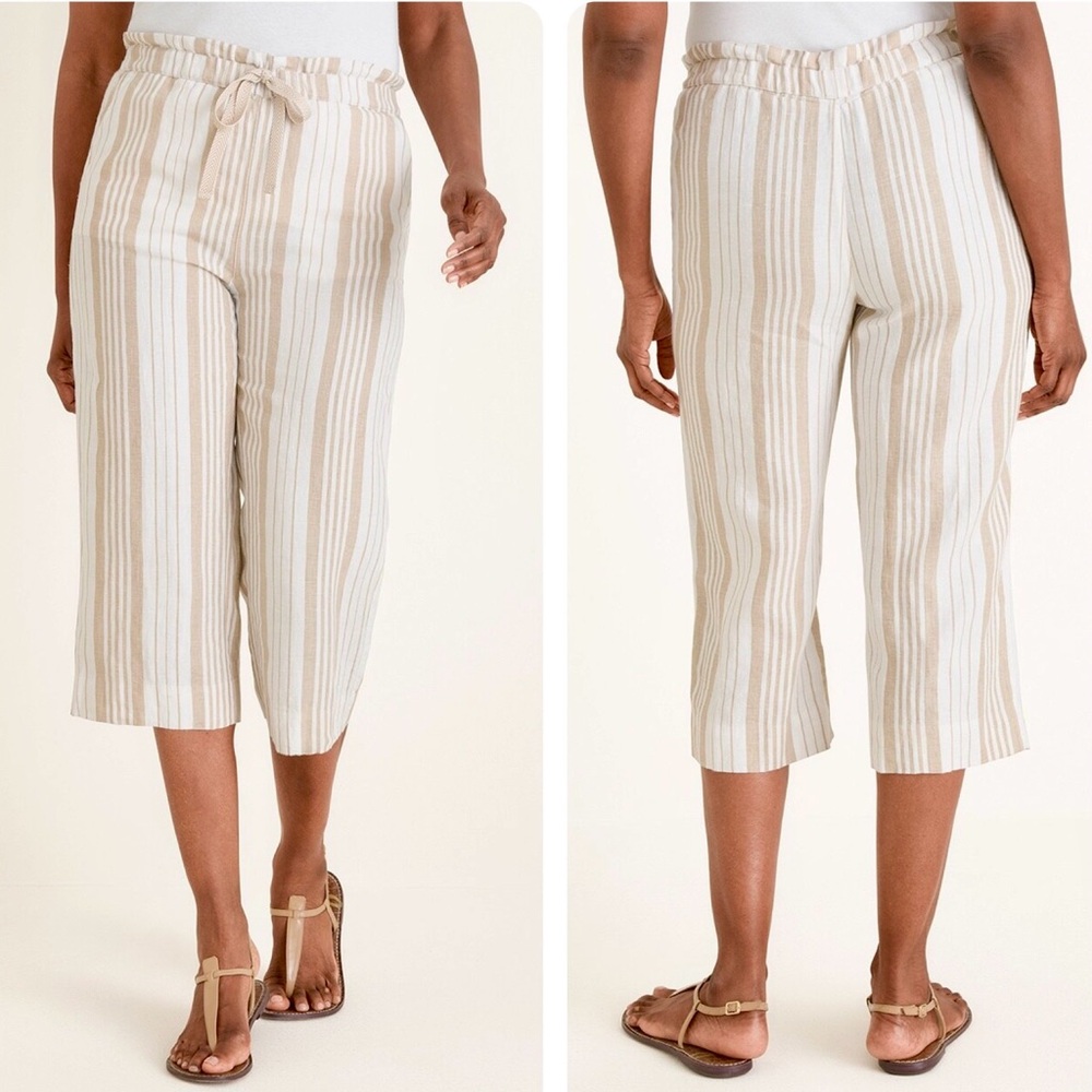 Chico’s Striped Linen Crop Pants Women’s Size 14 Pull On Lagenlook Beach Boho